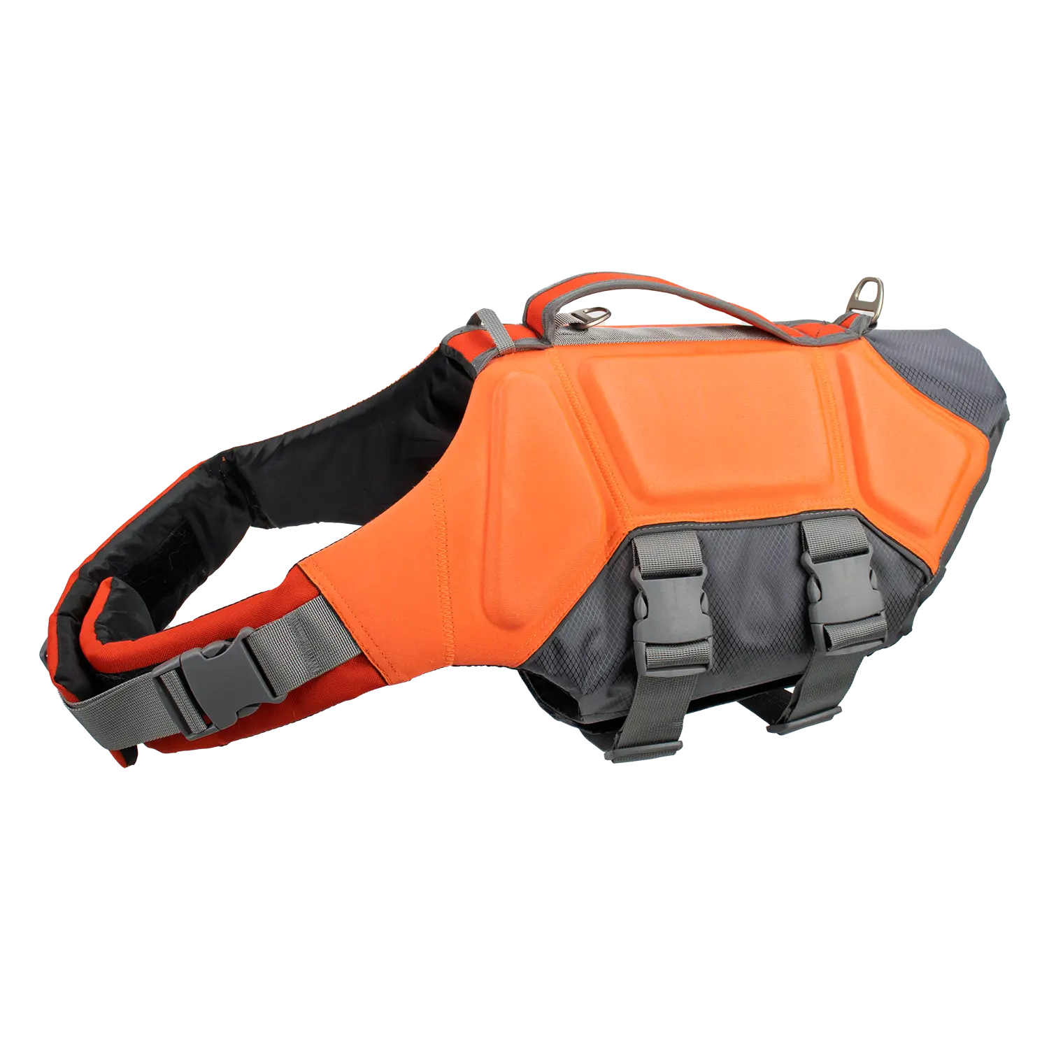 Bright yellow dog life preserver with rescue handle