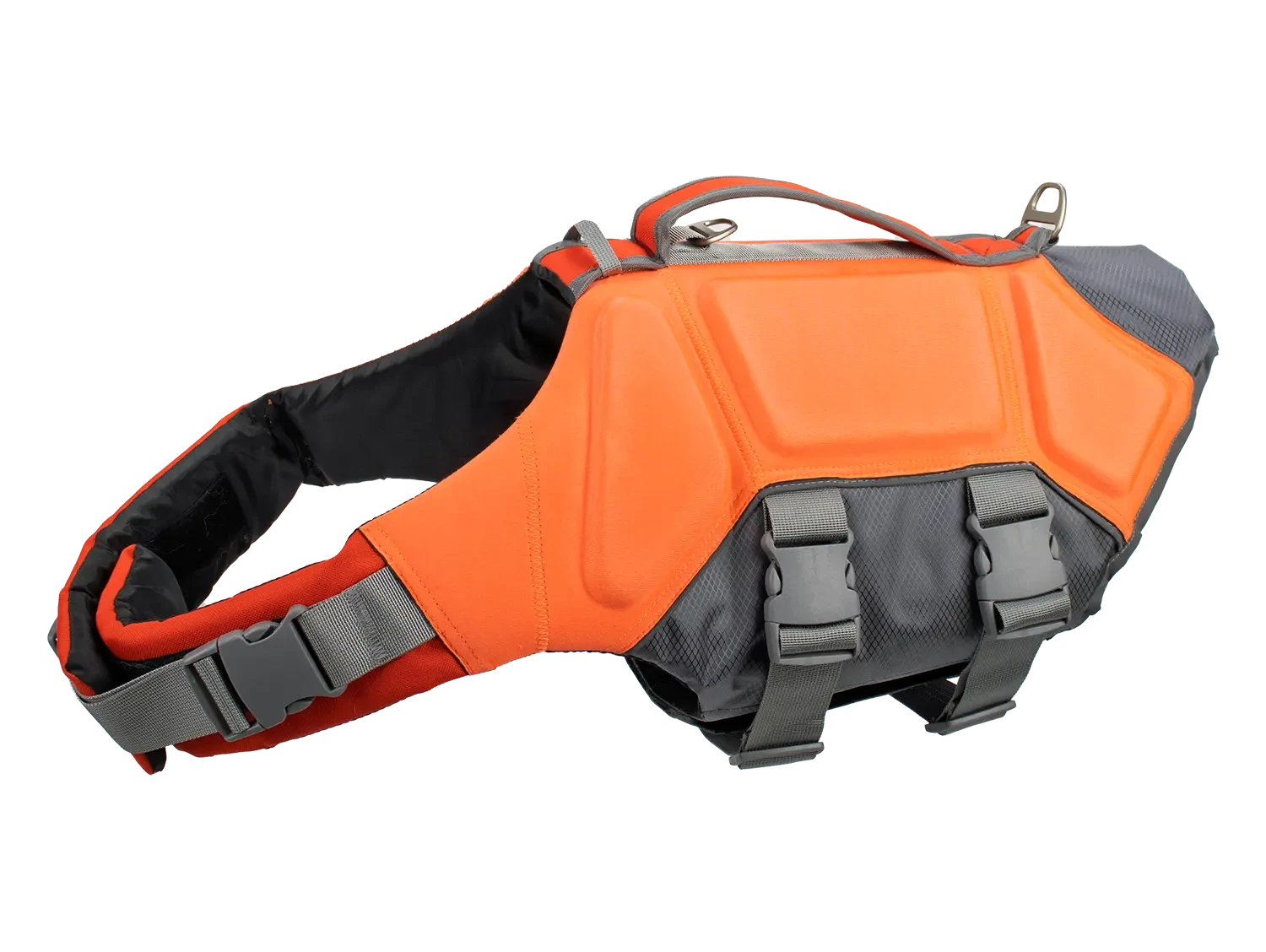 Bright yellow dog life preserver with rescue handle