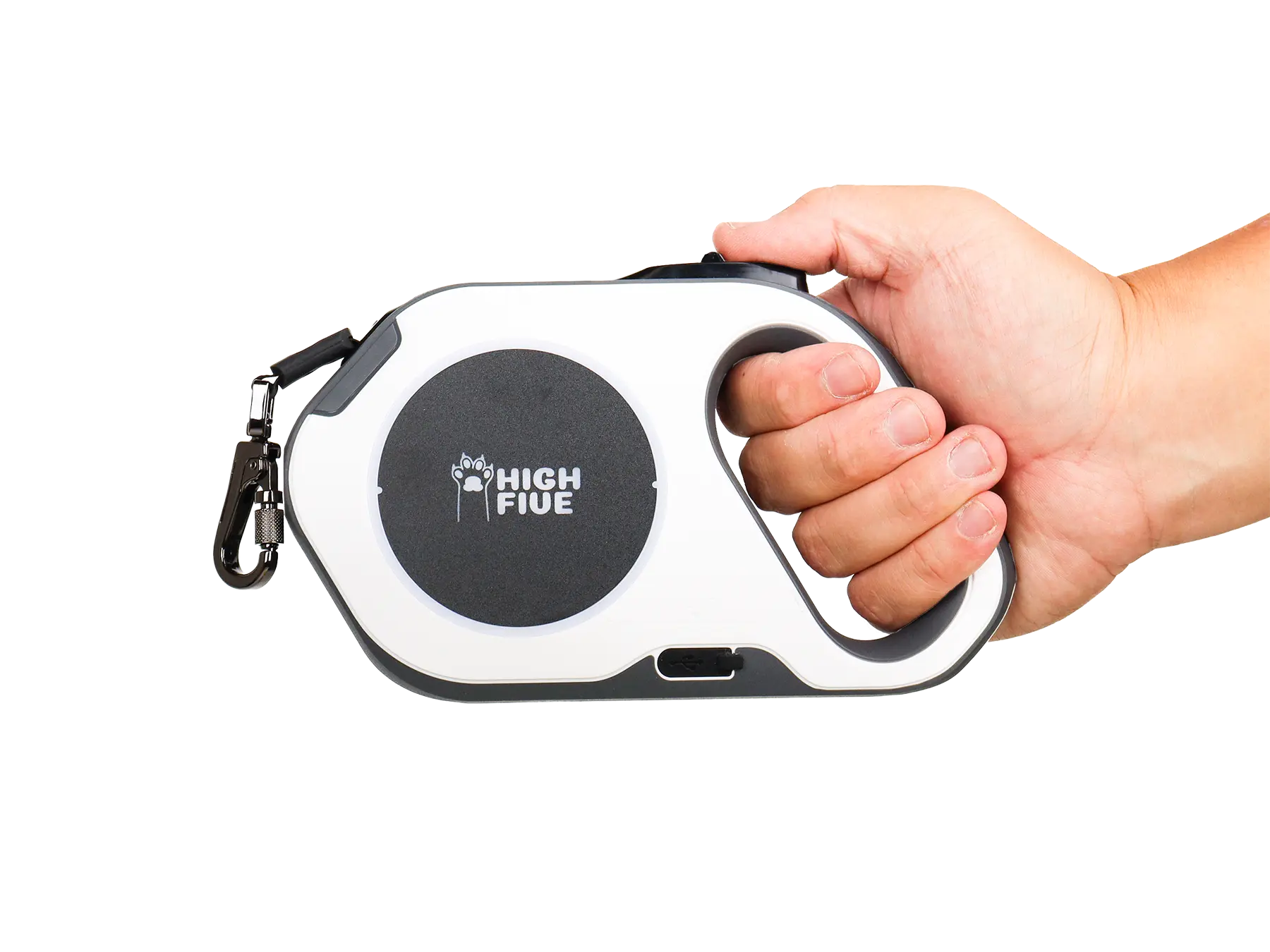 Hand holding Highfive Retractable dog leash heavy duty large dog extra long dog lead long line white