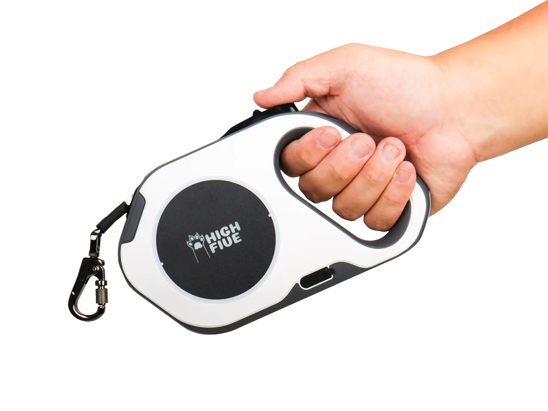 Hand holding Highfive Retractable dog leash heavy duty large dog extra long dog lead long line white