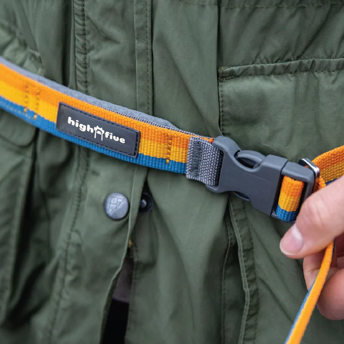 HighFive Pet hands-free dog leash worn around the waist on a hike